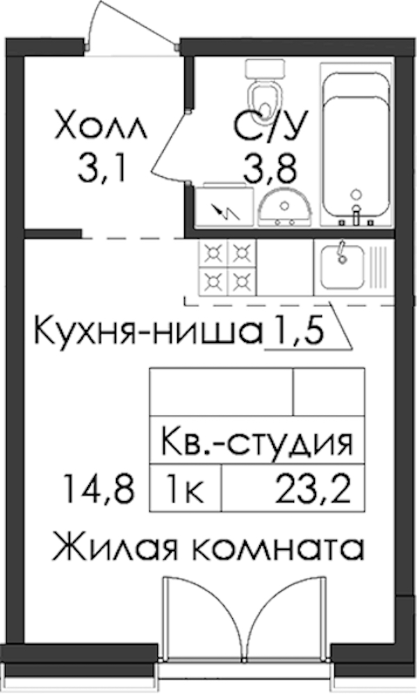 Квартира студия 23.2 м², 6/7 эт., ЖК «Лермонтовский 54»